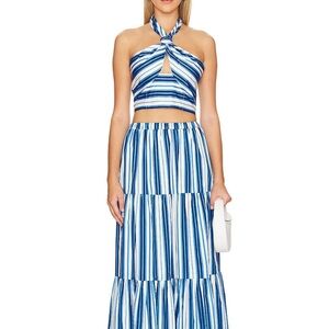 💙 REVOLVE SOLID & STRIPED Blue Maxi A-line Tiered Skirt for Resort Wear 💙